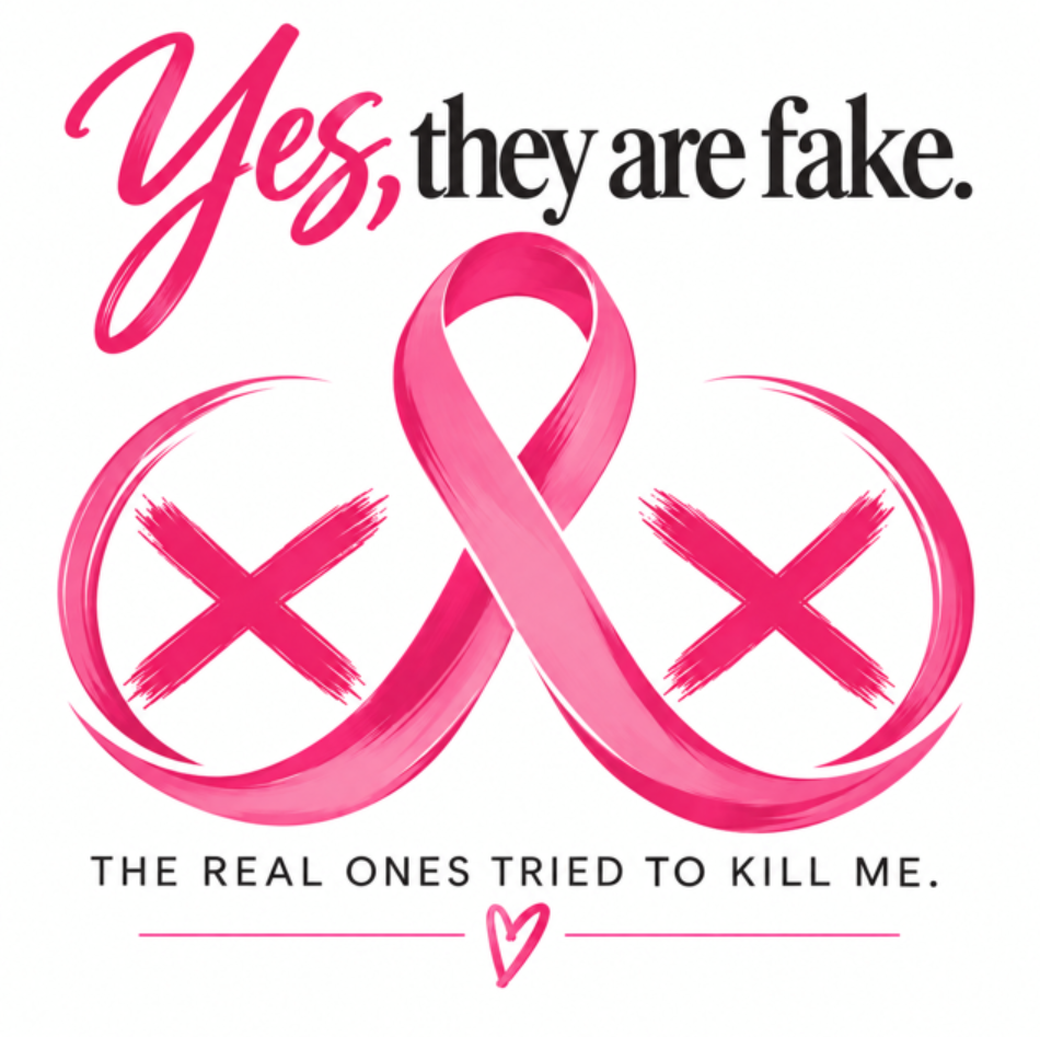 Yes, they are fake. The real ones tried to kill me. Breast cancer survivor ribbon artwork.